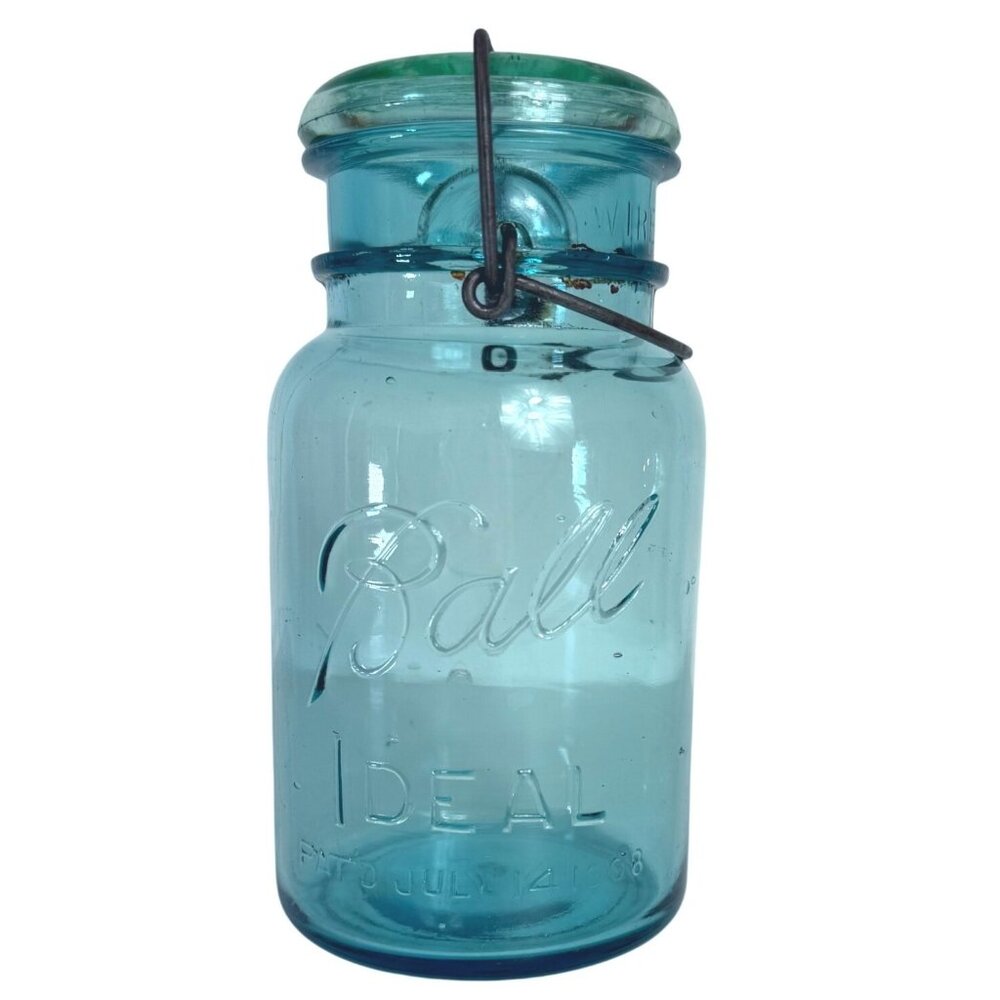 Ball Ideal Aqua Blue Mason Jar Canning Glass Lid Wire Closure VTG Quart Number 1